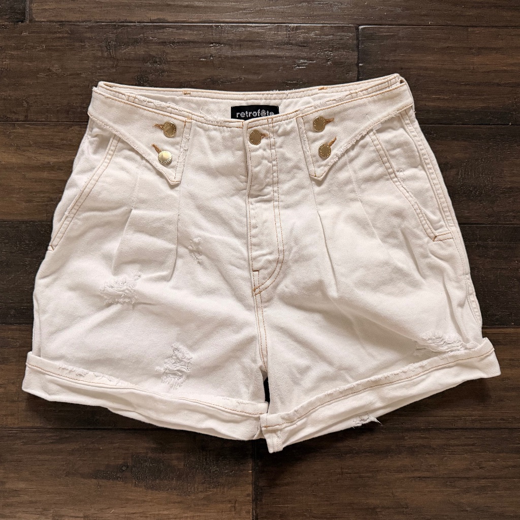 Retrofete Beautiful High-Waisted White Denim Shorts Sz 28 New